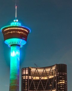 CFCalgary's tweet photo. #MayCFAwareness with the #CalgaryTower shining bright for #cysticfibrosis Thanks to @Neil_Zee for the amazing photo @CFCanada #yyctraffic https://t.co/7ICqOsfpbt