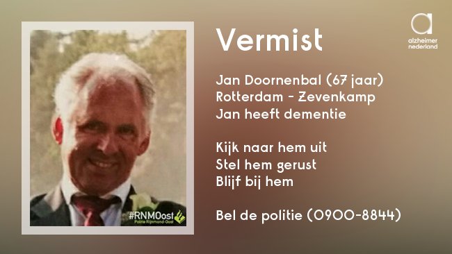 alzheimernl's tweet photo. Vermist sinds zaterdag: Jan Doornenbal, 67 jaar uit #Rotterdam #Zevenkamp. Jan heeft #dementie. Kijk naar hem uit: https://t.co/fnhMUrDWfd https://t.co/30xvDJUb0B