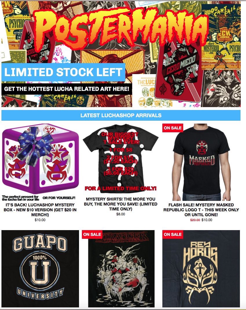 LuchaShopMerch's tweet photo. HUGE https://t.co/giPIkPRqHc update! NEW tees including an exclusive @guaposhock &amp; Stranger Luchadores! Plus mystery boxes &amp; tee return! https://t.co/efMhGjnELJ