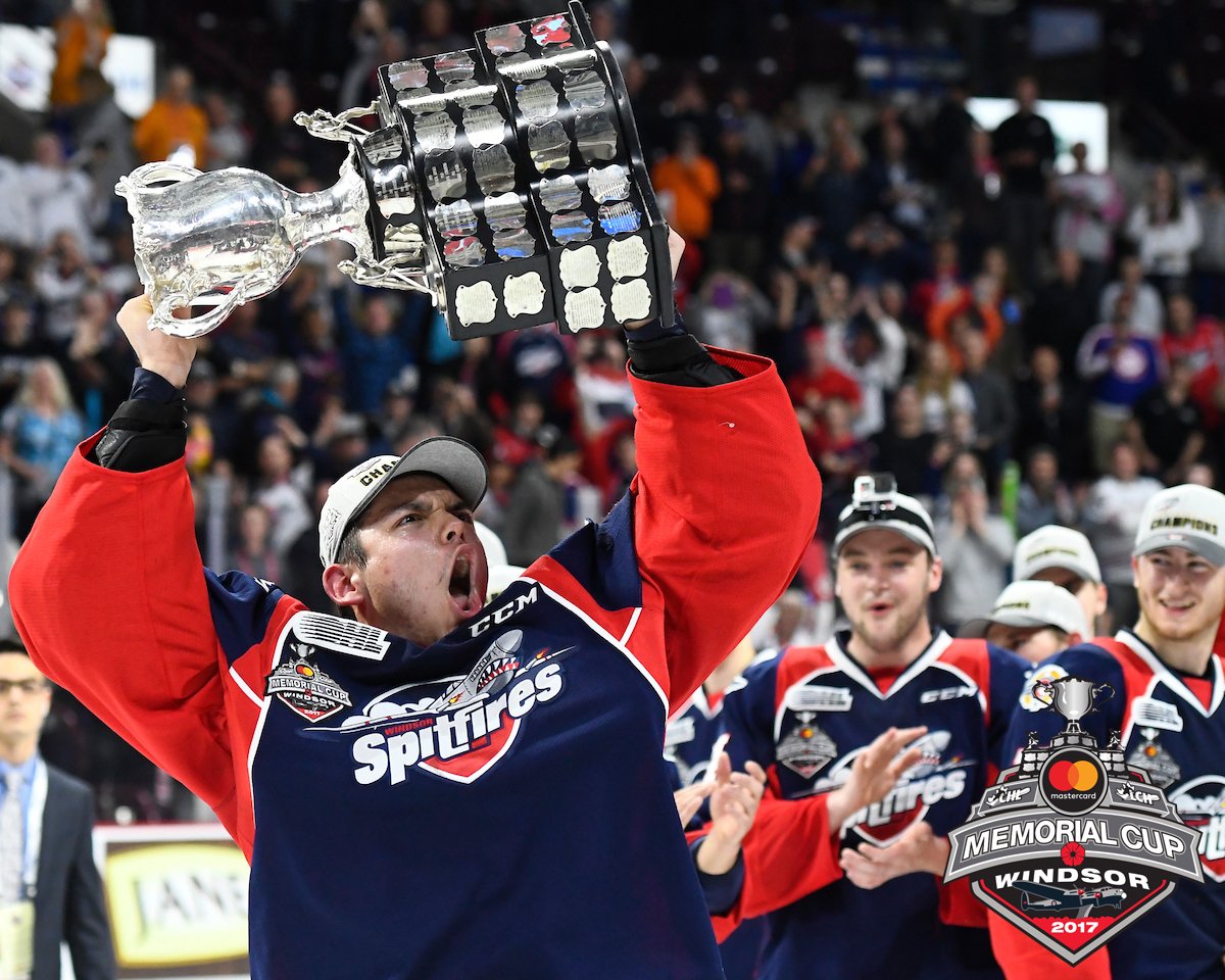 OHLHockey's tweet photo. Faces of #MCMemorialCup Champions.

Hometown hero, GWG scorer, longest serving Spit, the bench boss.

📸 GALLERY: https://t.co/6LpXi99yJl https://t.co/JigD0AMoJC