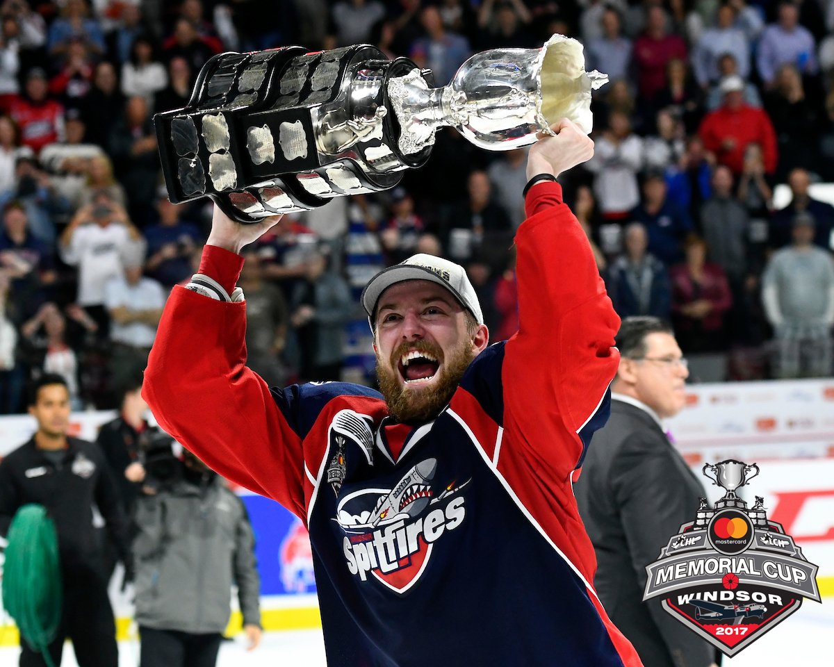 OHLHockey's tweet photo. Faces of #MCMemorialCup Champions.

Hometown hero, GWG scorer, longest serving Spit, the bench boss.

📸 GALLERY: https://t.co/6LpXi99yJl https://t.co/JigD0AMoJC