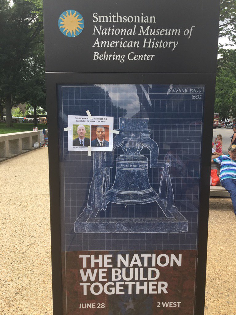 AfricanaCarr's tweet photo. Tribute to #RichardCollins &amp;  #RickBest taped to the @amhistorymuseum sign. On #MemorialDay remember domestic terror. https://t.co/qYFJhoDFsh