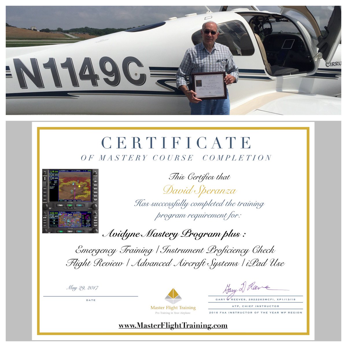 PilotSafetyOrg's tweet photo. Congrats 🎉 to Dr David Speranza on his @avidyne1 Mastery course in a great @Cirrus_Aircraft SR22!!! #IFD540 #DFC90 https://t.co/LZef5YYuwy