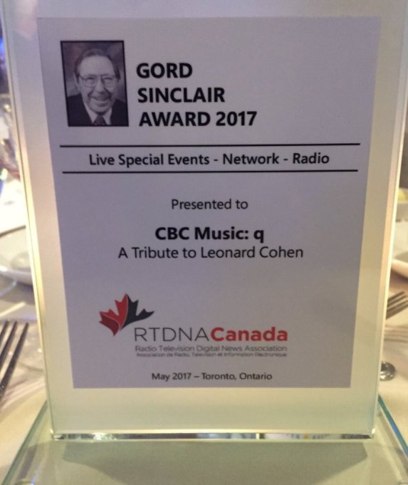 QwithTomPower's tweet photo. We are so honoured to accept the #rtdna2017 award for our tribute to Leonard Cohen. Congrats to the team! https://t.co/v1wuNSXfXR https://t.co/14HvkfQuL7
