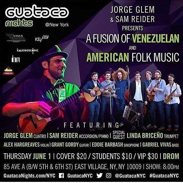 Jueves 01|06 @guatacanyc <a href="/jorgeglem/">Jorge Glem</a> y Sam Reider realizarán un encuentro musical donde se fusionarán los ritmos venezolanos y americanos.