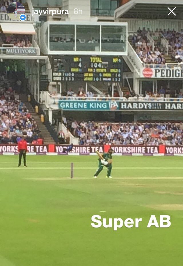 Jayvirpura's tweet photo. @ABdeVilliers17 in his stance leading @OfficialCSA to their first @ICC ODI victory at @HomeOfCricket 

#Legend #OneOFtheGreatest https://t.co/FAG8koSF2G
