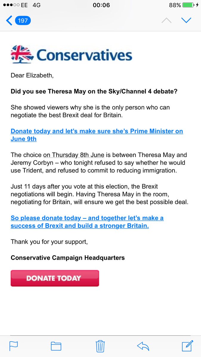 BethRigby's tweet photo. Tory spin post #Battle4Number10: trying to skewer Corbyn on Trident (security) & Brexit, May's strong(er) points. https://t.co/df5AGLkw6o