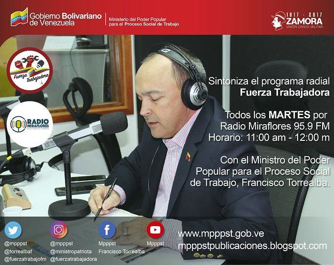 Sintoniza #FuerzaTrabajadora espacio dla #ClaseObreraConstituyente con el Min @torrealbaf por @MirafloresFM 95.9 FM #YaVieneLaConstituyente