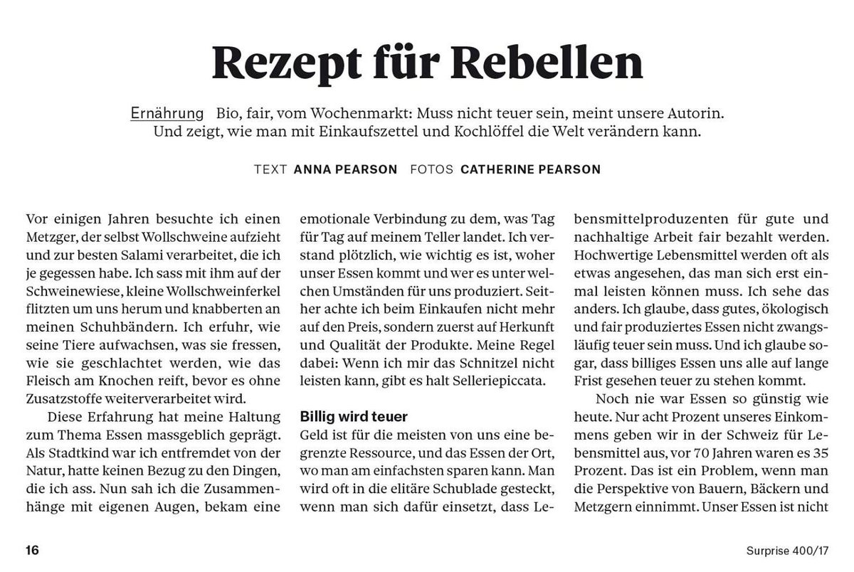 eswirdgut's tweet photo. Auch mit knappem Budget bio, slow &amp; fair essen: Anna Pearson in der aktuellen @Strassenmagazin-Ausgabe. #Surprise400
https://t.co/tVfqsTiFdm https://t.co/Jeh8JnhUrV