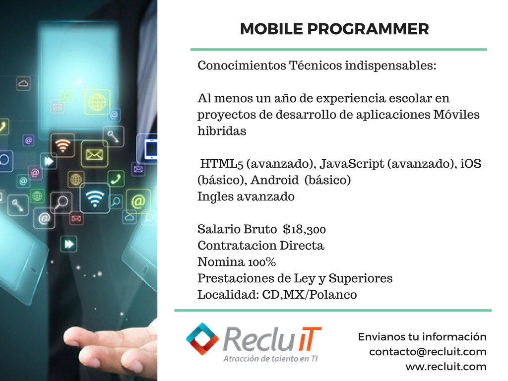 RecluITmx's tweet image. ¿Estás en búsqueda de nuevos retos profesionales? ¿Concluiste tu proyecto?  Te estamos Buscando #MobileProgrammer