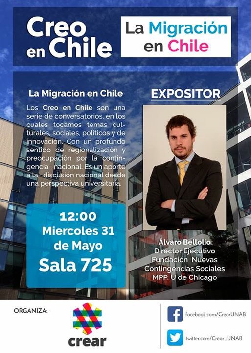 Crear_unab's tweet photo. Este miércoles 31 de mayo tendremos nuestro segundo Creo en Chile, tenemos de invitado a @abellolio para exponer sobre la migración en Chile https://t.co/PDEX7Ukev3