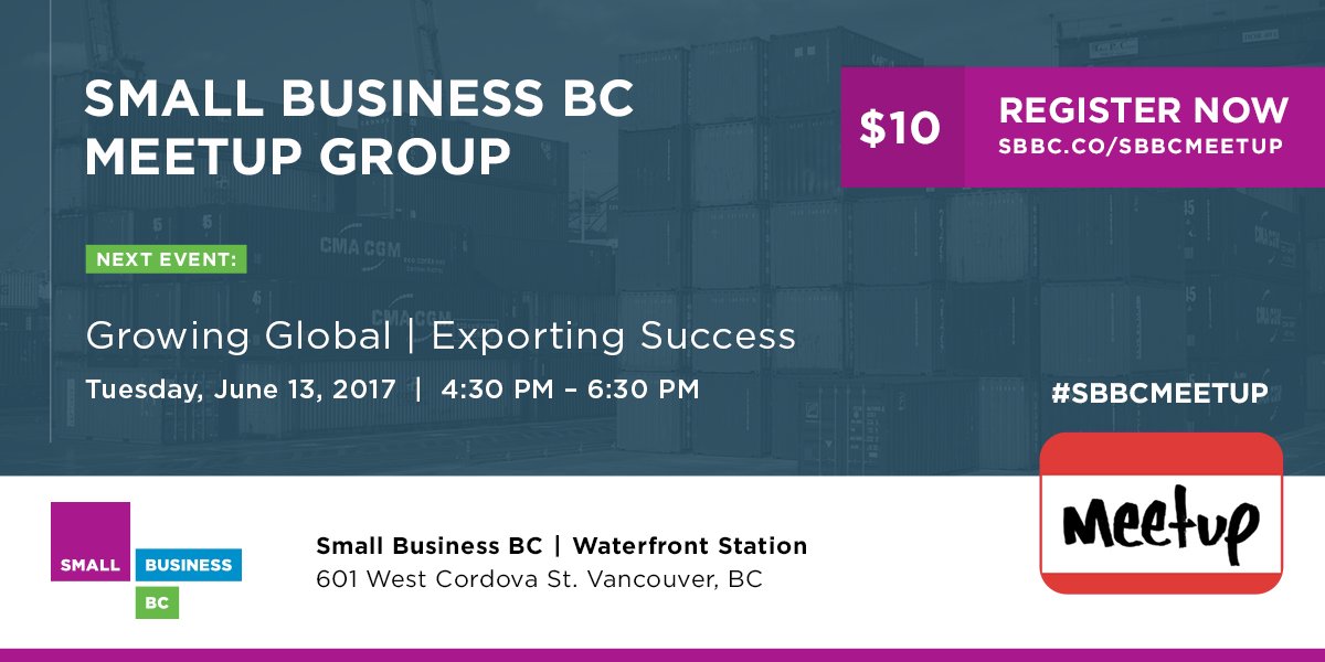 SmallBusinessBC's tweet photo. Looking for new markets for your business? Our June #SBBCMeetup will help you, Export for Success. https://t.co/6muiPmfrr4 https://t.co/V3Ty8vfhak