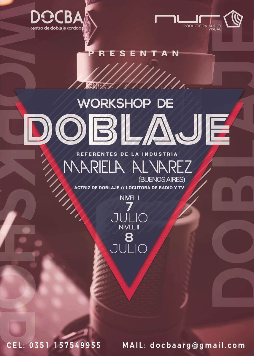 DOCBA_'s tweet photo. Atentos que se viene un Workshop de #Doblaje imperdible en #Córdoba y con la querida @LocutoraMariela. 
Inscripciones: docbaarg@gmail@com https://t.co/0ecBne2OZu