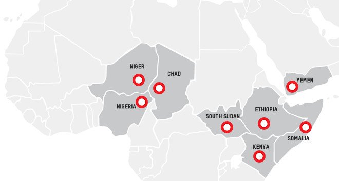 Oxfam's tweet photo. Millions on the brink of #famine, hungry in a world of plenty - Our interactive map: https://t.co/63BvLxfk6q https://t.co/VraPqvKNkH