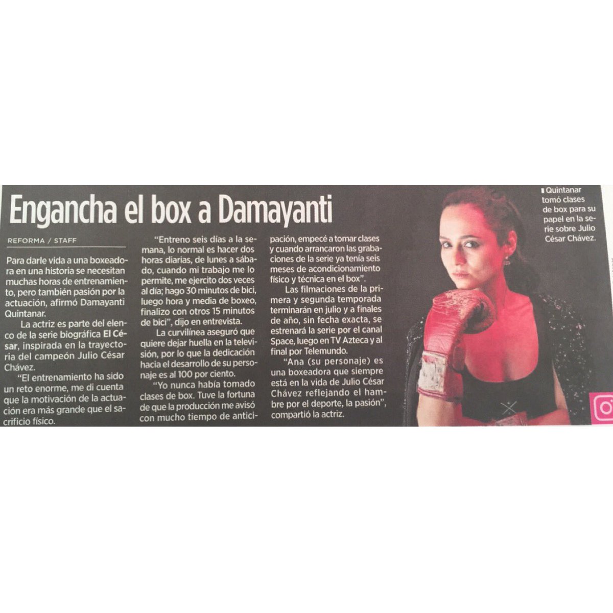 JustMondayPR's tweet photo. Gracias al periódico @Reforma por la nota de la actriz @DamAAmaD #DamayantiQuintanar acerca de la Serie de #JulioCesarChavez 🤗 https://t.co/uxjn0GvbFI