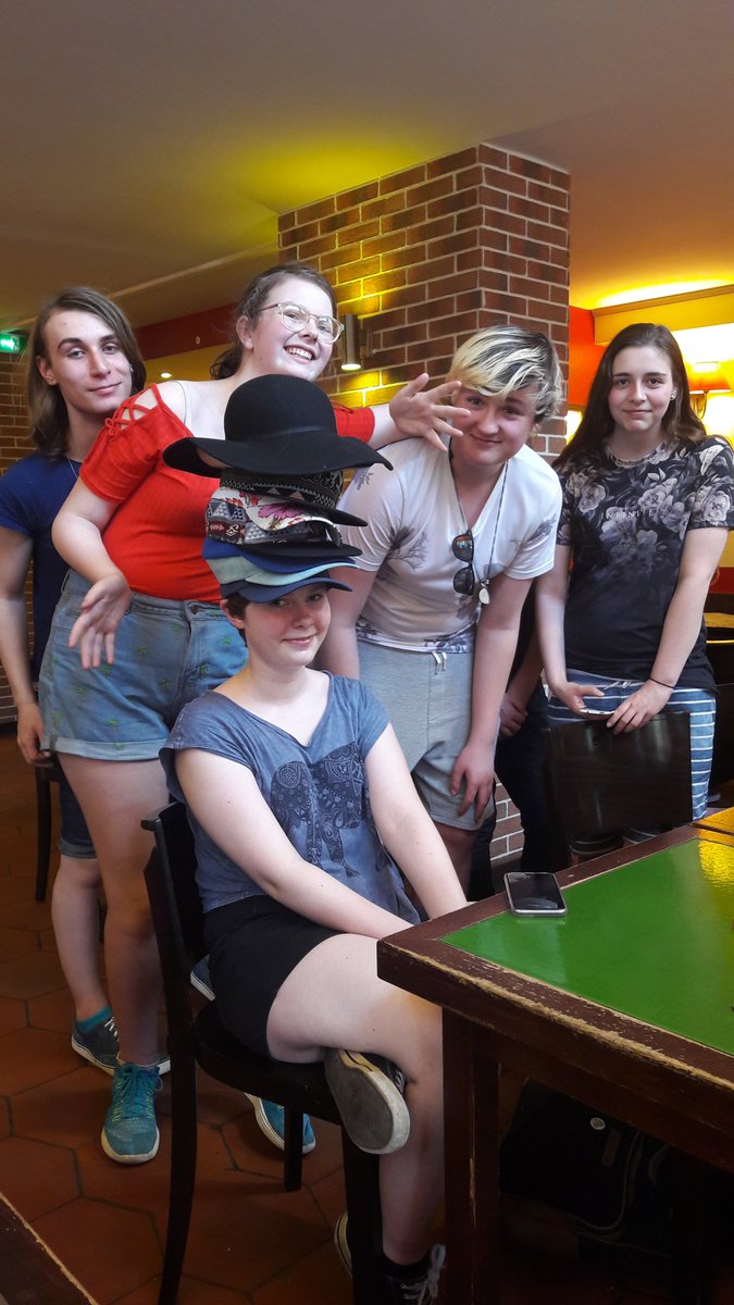 Knox_MFL's tweet photo. Dinner time experiment: how many hats can Mairi wear? #theansweriseight #teameffort #hatchallenge #shenanigans #paris2017 @knoxacademy https://t.co/ifsNJwy20e