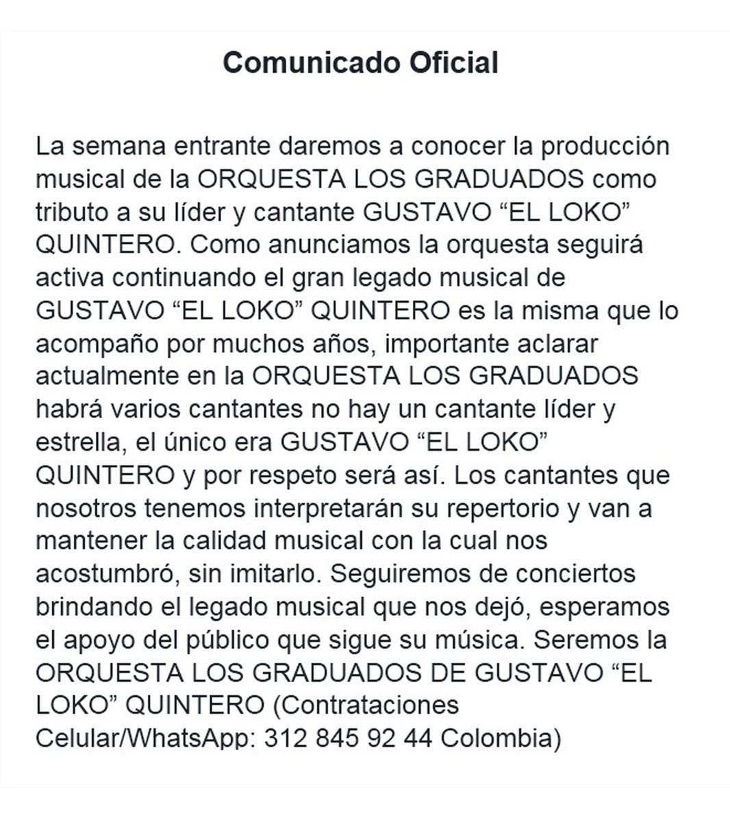 ElLokoQuintero's tweet photo. En unos dias daremos a conocer la producción musical de ORQUESTA LOS GRADUADOS a GUSTAVO “EL LOKO” QUINTERO #ElLocoQuintero #ElLokoQuintero https://t.co/9fkuxQnfHQ