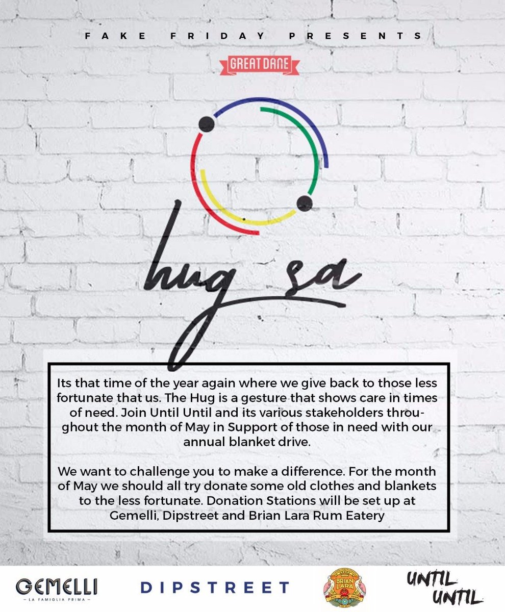 shazlns's tweet photo. We are wrapping up #HugSa this week. Do not forget to drop of your blankets @DIPSTREET, #BrianLara and @GemelliItalian. @untiluntil_za https://t.co/f7p2S4TQq3