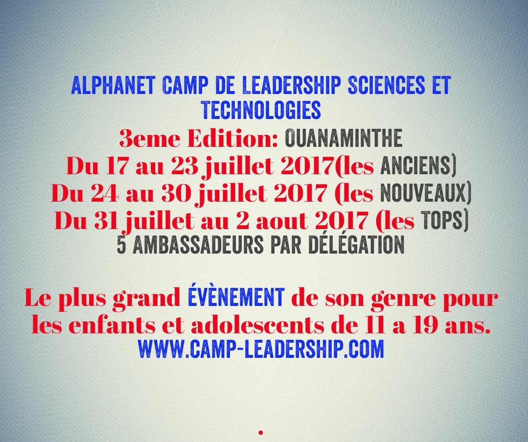NosdiwStore's tweet photo. #ALCamp2017
Date limite d'inscription: 30 juin 2017. Inscrivez-vous avant le 31 mai 2017 et payez moins en tout! Info: whatsapp 33386411 https://t.co/euxOeKnVla