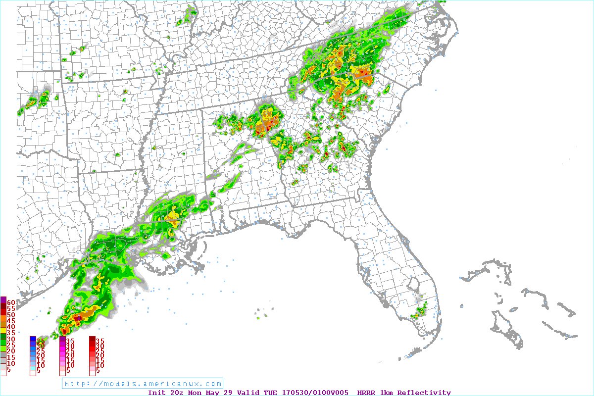 RaleighWx's tweet photo. The latest HRRR thinks showers and storms could be across the Triangle by 8-9pm. Plan accordingly. #earlyfireworks https://t.co/nwnTF10McI