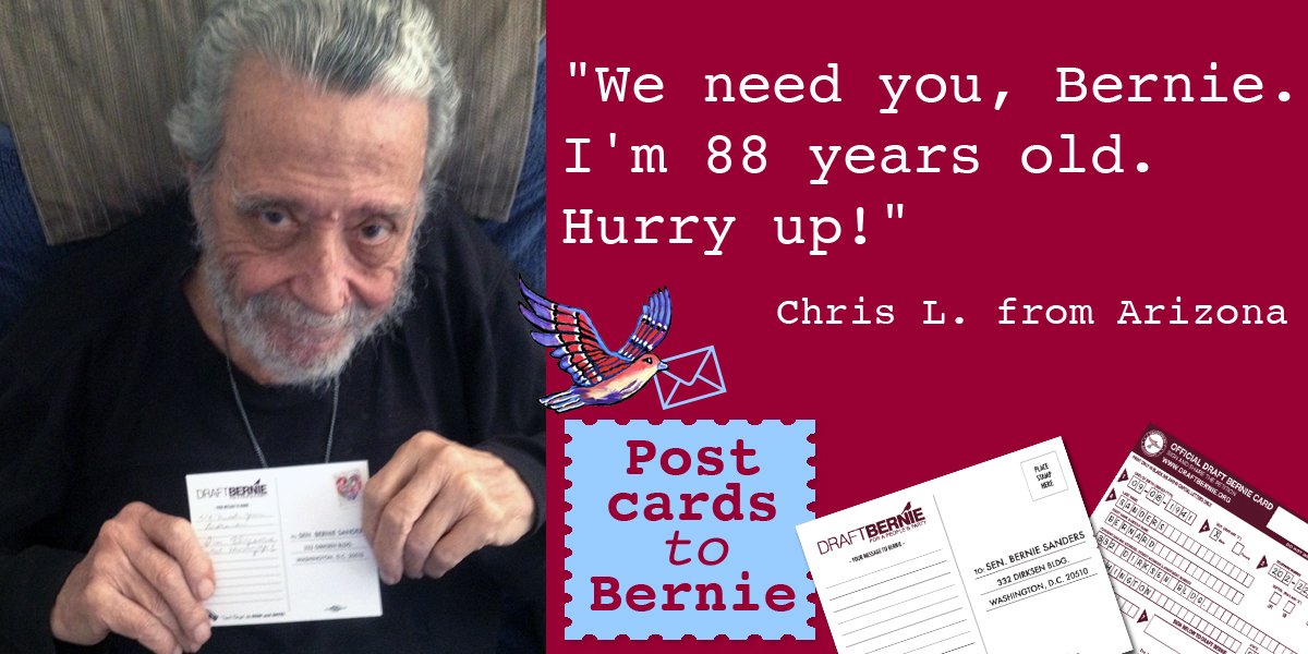 PeoplesParty_US's tweet photo. #MondayMotivation Dear @SenSanders &amp; @janeosanders: "We need you Bernie, I'm 88 years old. Hurry up!" - Chris L. from Arizona https://t.co/ZSCQsZ31uf