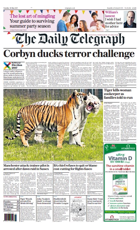 Telegraph's tweet photo. Tomorrow's Daily Telegraph front page: Corbyn ducks terror challenge #TomorrowsPapersToday https://t.co/w3kf6a8Bw4