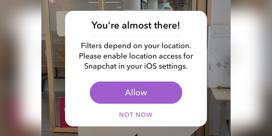 thenextweb's tweet photo. Snapchat now asks you to turn on location services to use basic filters https://t.co/Jof6aPS8m4 https://t.co/4QBXKev1Wb
