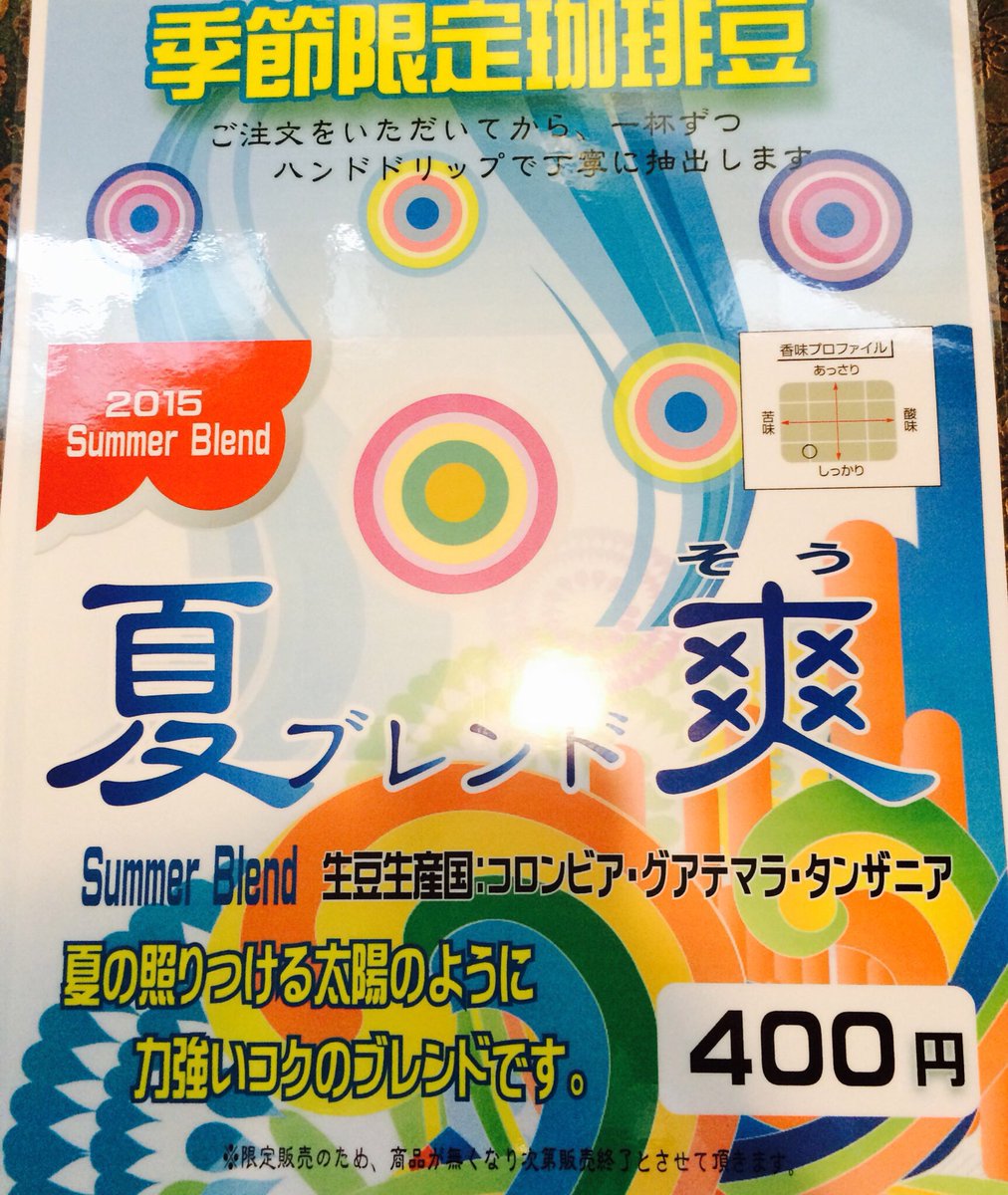 暑くなってきましたね… 
この辺でも30°になるみたいです。 

体調には充分気おつけてください。 
さて。夏ブレンドの試作がきました 
来週再来週くらいには出せるかと思いますまたお知らせいたします。 
なおもう一つ試作がきてます 
近々出すのでお楽しみに！！