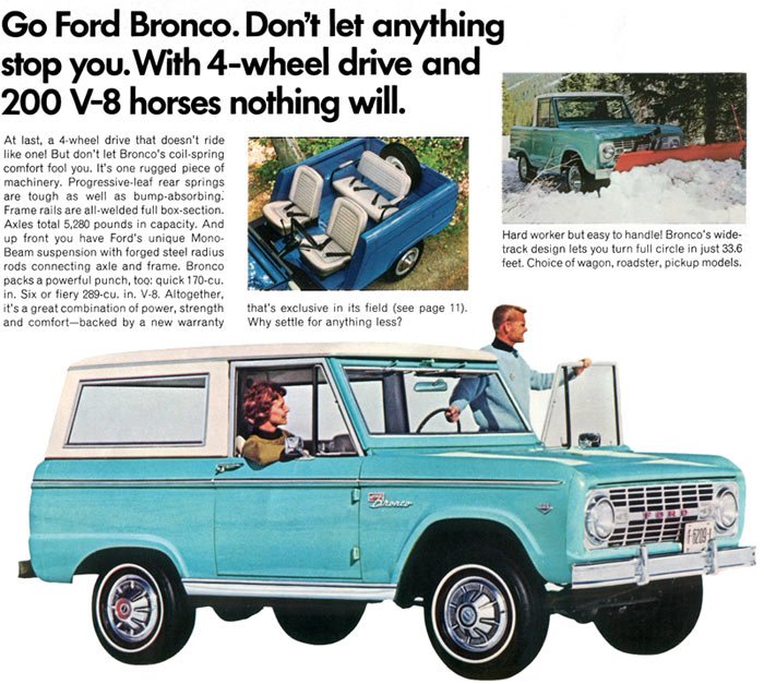 retro_car_bot's tweet photo. フォード ��ロンコ(1966) - フォード初のSUVとして生産されたコンパクトSUV。初代のこのモデルはアーリーブロンコと呼ばれファンが多い。オプションでV8,5000ccのエンジンが搭載できた。https://t.co/W3dCDn86S0