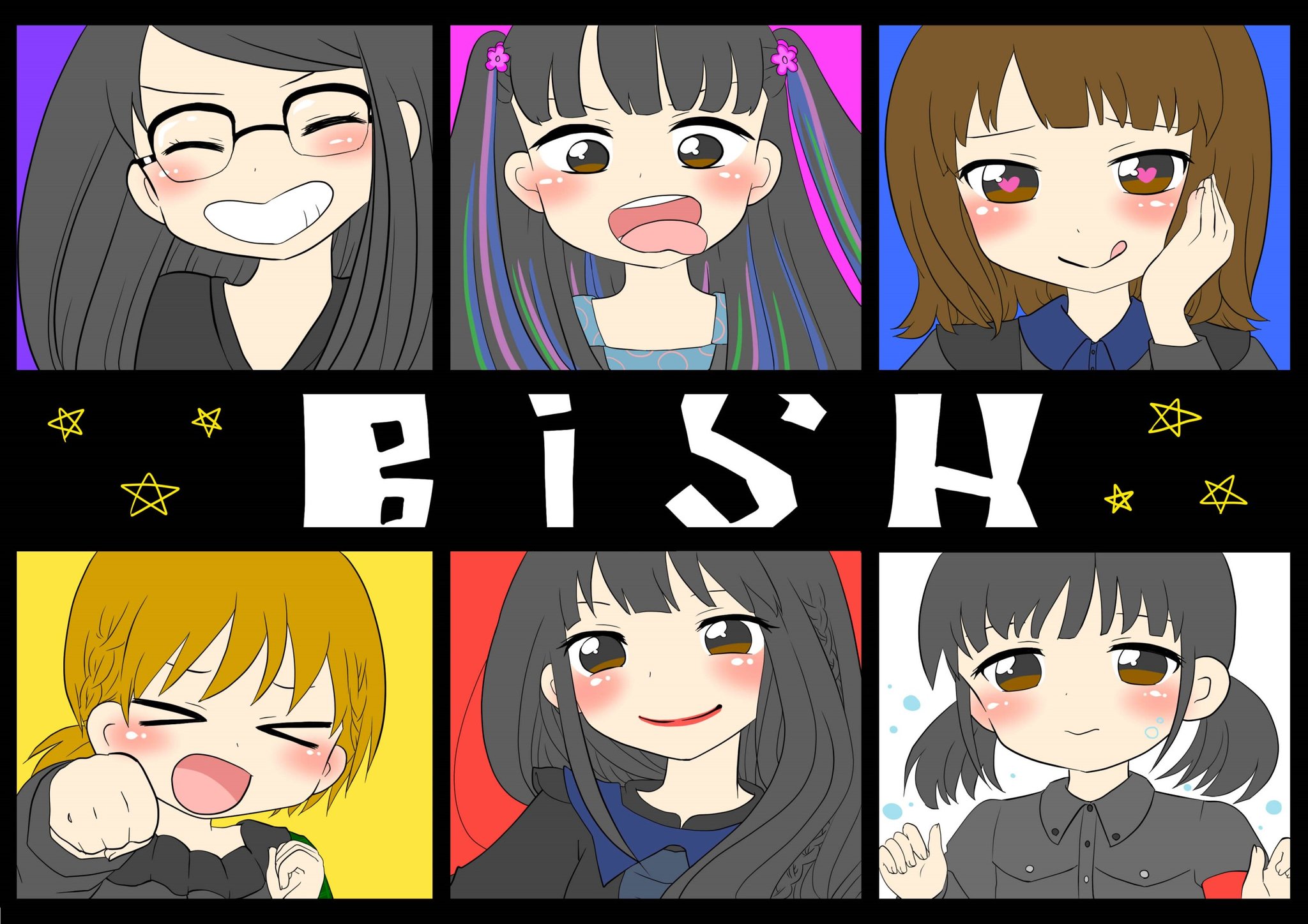 りんぴよ くすのきりん Su Twitter Bishのイラストを描きました Bish ビッシュ は 左上からハシヤスメ アツコ リンリン セントチヒロ チッチ 左下はモモコグミカンパニー アイナ ジ エンド アユニ Dです ６人の女の子が歌う 楽器を持たないパンクバンド