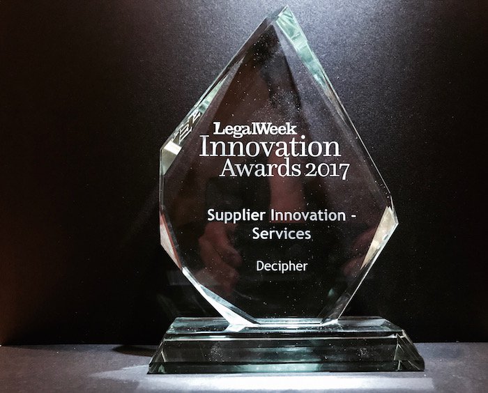 Decipher_Global's tweet photo. Many thanks to LegalWeek and the judging partner for honoring Decipher with a 2017 Innovation Award! https://t.co/Z5PJj9Zcpz
