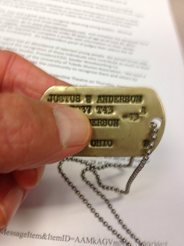 JerryWTOL's tweet photo. Thinking of my dad today.  He didn't die serving but he did serve in WW 2 in Europe.  Carrying his dog tag today. https://t.co/N2ifmr1YPz