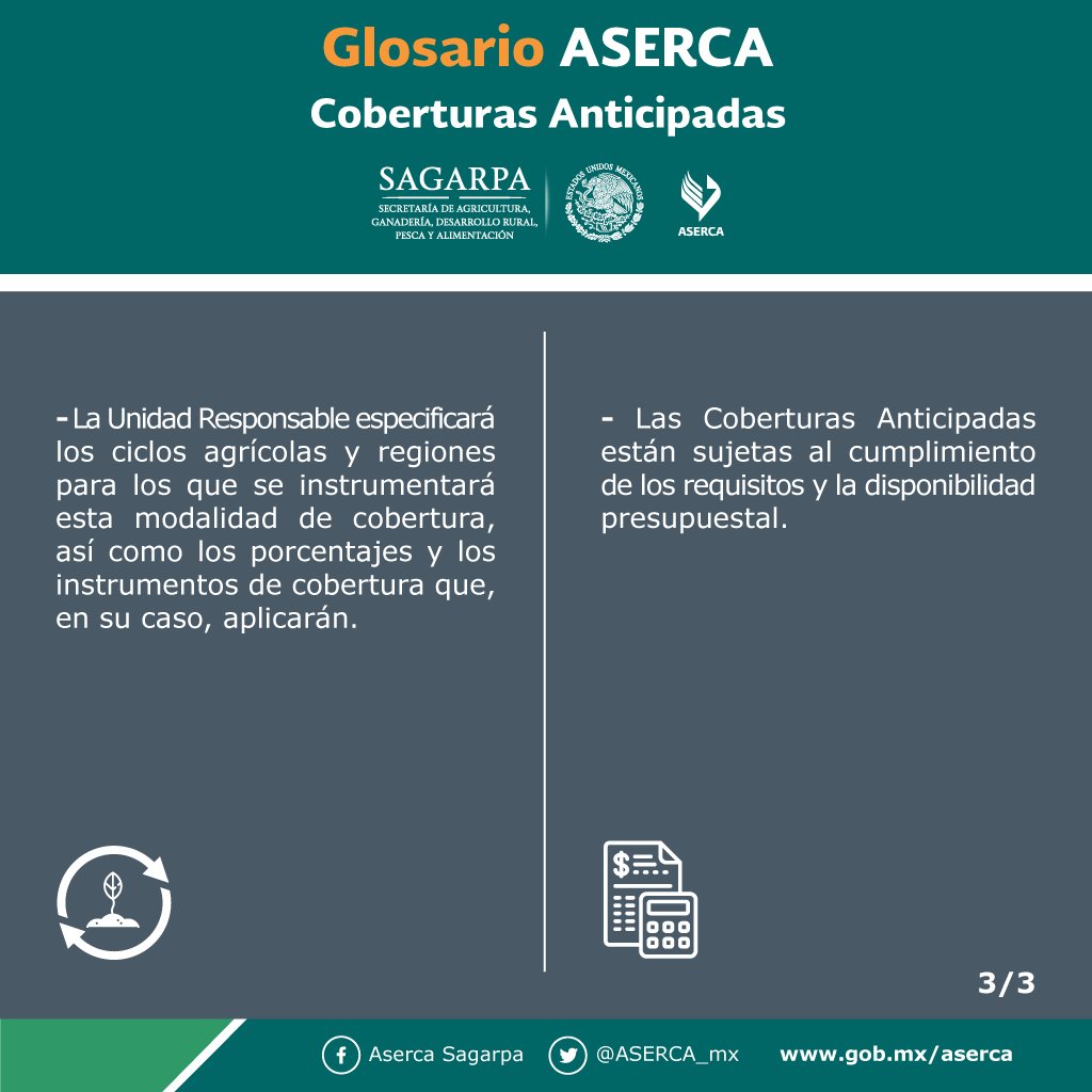 asercamx's tweet photo. Compartimos el concepto y beneficios de las Coberturas Anticipadas en nuestro #GlosarioASERCA #InfoSERCA https://t.co/w2zMiexyJf