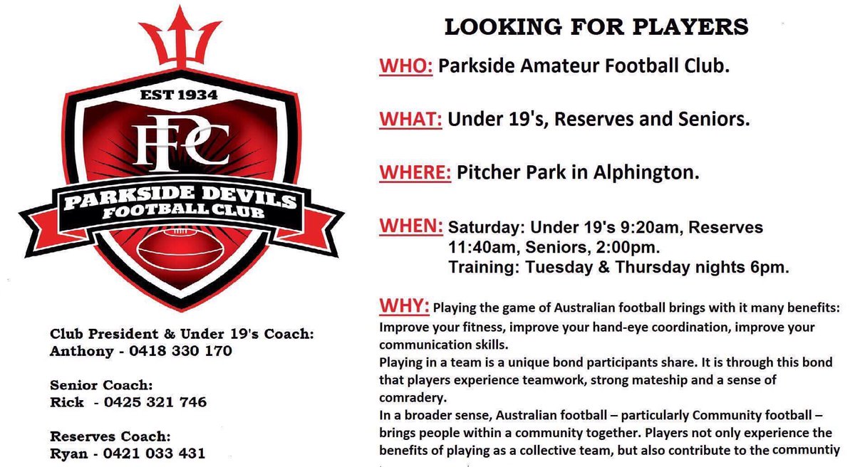 Parkside_FC's tweet image. Be apart of something really exciting &amp;amp; inspiring, where you'll meet the best bunch of blokes going around #YearOfTheDevils @VAFA_HQ
