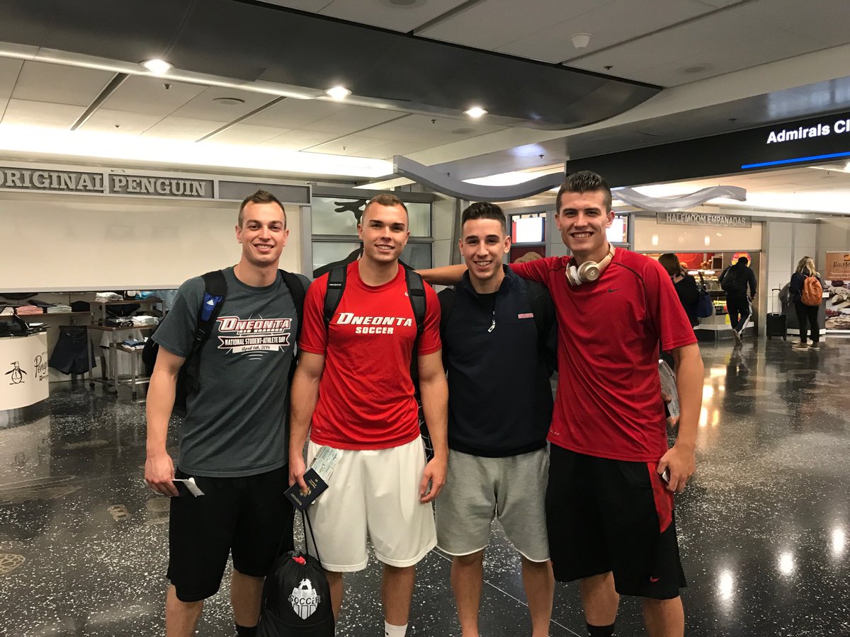 Oneonta_MSoccer's tweet photo. Oneonta soccer players Cory, Hoff, Austin and Cebo on their way to Brazil https://t.co/nA9dpVzFQ9