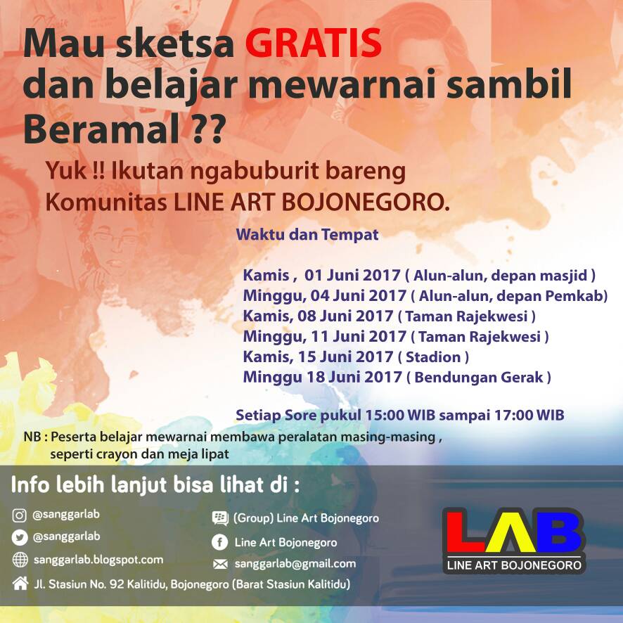 Yuks pada ikutan event menarik dari LINE ART BOJONEGORO belajar mewarnai sambil beramal di bulan Ramadhan, dapatkan dorprize menariknya.