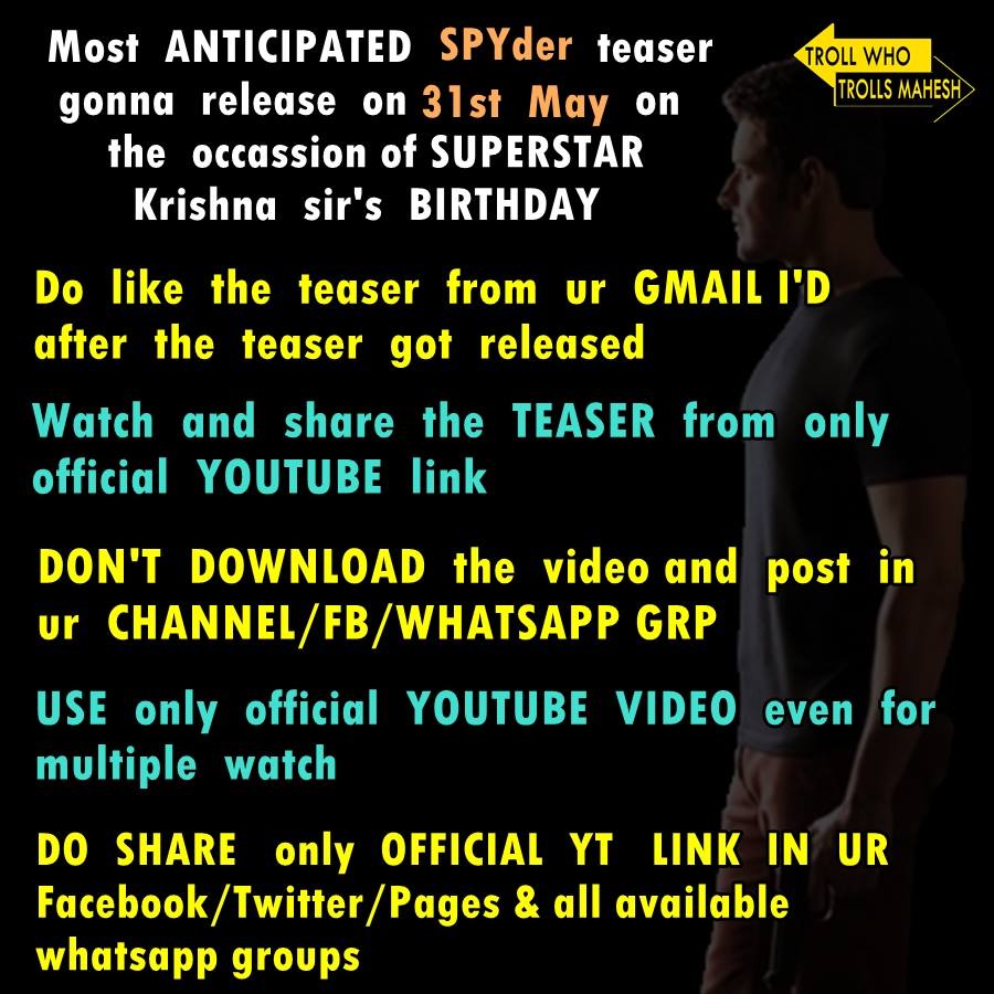 Mahesh_Admirer's tweet image. #SSMBWayToShatterYTRecords 

#SPYderFestBegins

#SPYderNewWorkingStills 
#SuperstarOnTheWAY 
Follow These Rules..To Shatter All YT Records💪👌