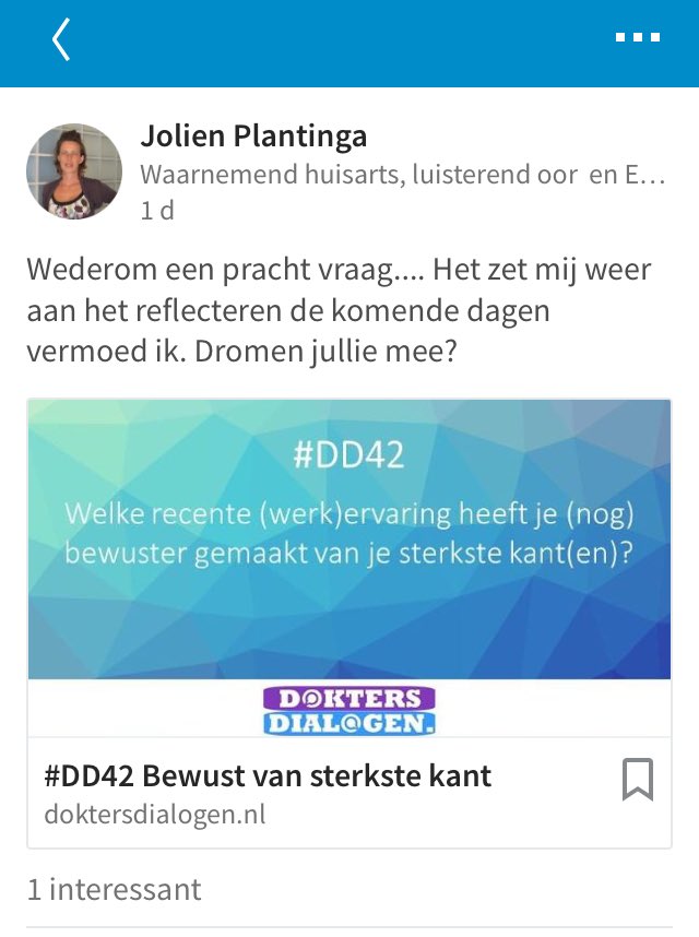 Start zelf je (online) dokterdialoog met onze wekelijkse reflectievraag. Mooi voorbeeld op LinkedIn van huisarts Jolien Plantinga.