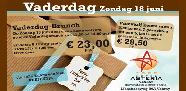 Komt u ook naar de #vaderdagbrunch op zondag 18 juni? Reserveren kan per e-mail naar info@asteria.nl of 0478-511466. ow.ly/2WsI30c91Td