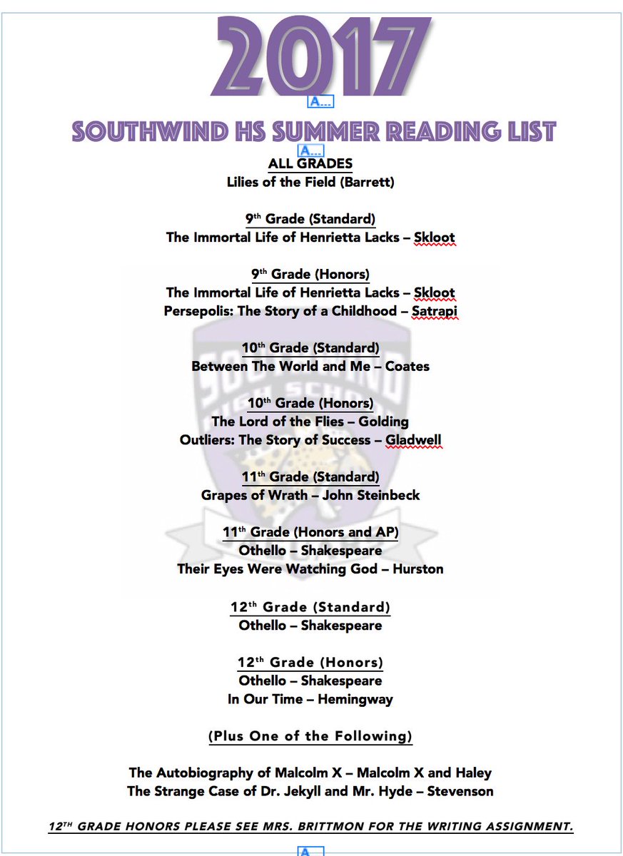 Yes, our students have a summer reading assignments for each grade level.  Here it is. #stillworktodo #tunedin #southwind