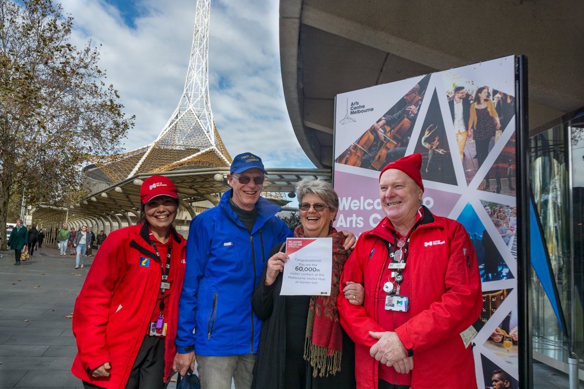 cityofmelbourne's tweet photo. Congratulations Norm and Margaret, for being our 60,000th visitor contact at the Melbourne Visitor Hub at Hamer Hall. https://t.co/LVIitGqgry
