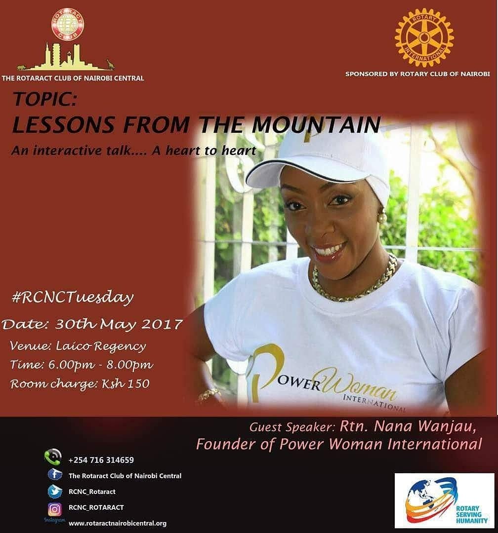 RCNC_ROTARACT's tweet photo. #RCNCTuesdays kicks off in T-Minus 10hours where @NanaWanjau will enlighten us through her #LessonsfromtheMountain.
See y'all later, aye? https://t.co/t72gqunkml