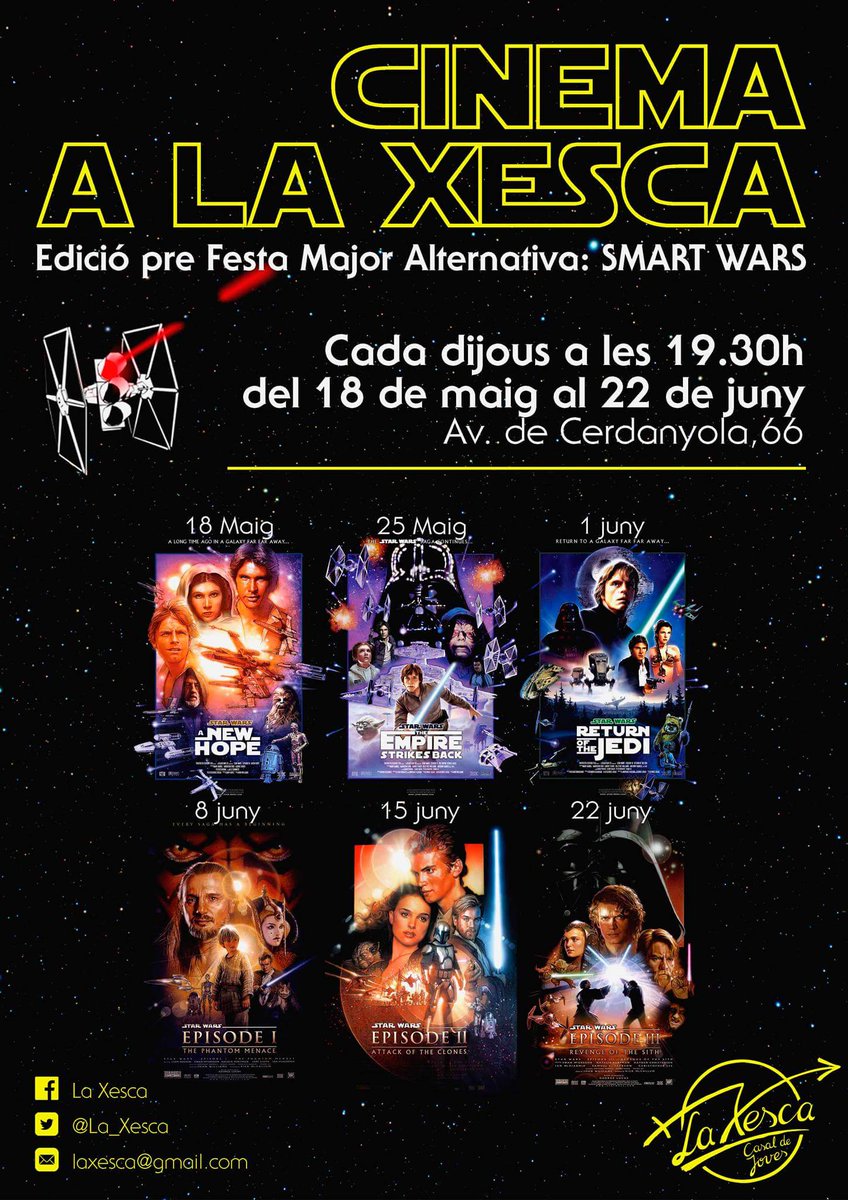La_Xesca's tweet photo. 🎬Seguim amb el cicle de #SMARTWARS que fem conjuntament amb @fmaCugat , cada DIJOUS a les 19:30h. La propera: "Return of the jedi"!🙌 https://t.co/cli3p4W1Pq
