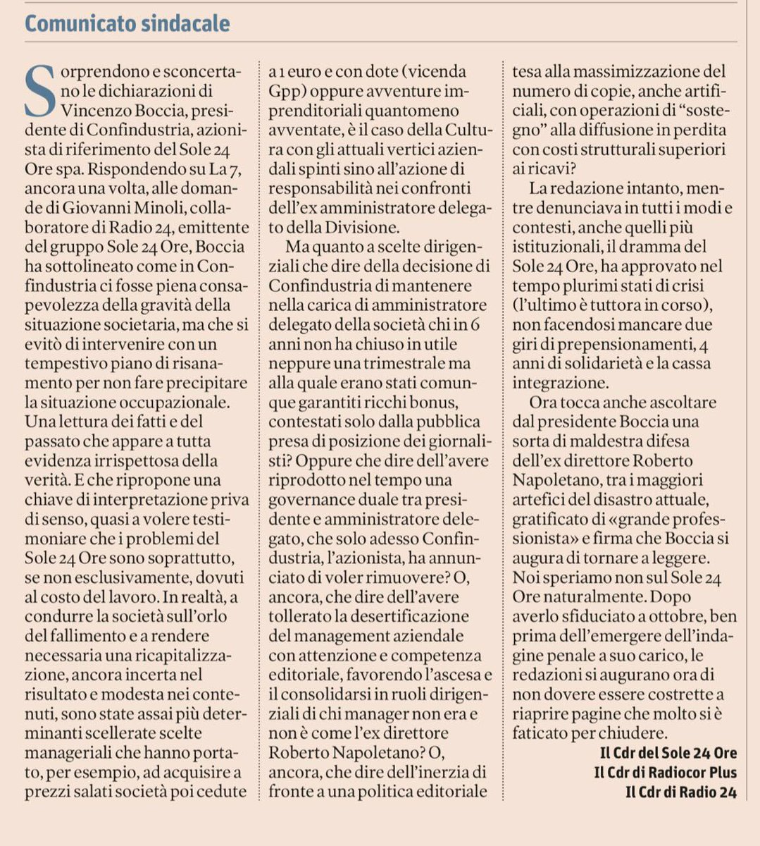 Le vere ragioni della crisi, una risposta all'editore. Il comunicato di oggi ilsole24ore.com/art/notizie/20…