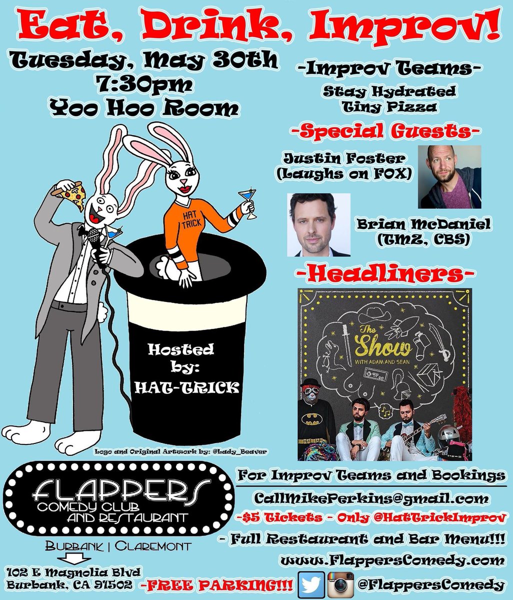TinyPizzaImprov's tweet photo. Playing this show Tuesday night at @FlappersComedy Burbank! So excited for Eat, Drink, Improv's 1 year Anniversary! https://t.co/OcNl0bYWGm