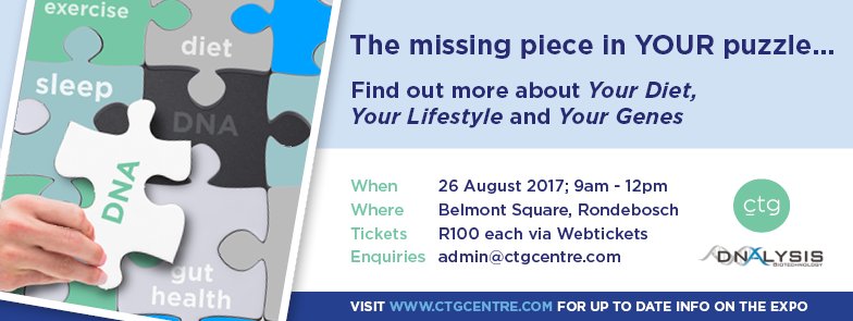 3X4Genetics's tweet photo. Join us at 'The missing piece in YOUR puzzle', more info &amp; tickets @webticketsSA - https://t.co/TnA0FzUWtM #MyHealthPuzzle https://t.co/MO3JbpP4Ew