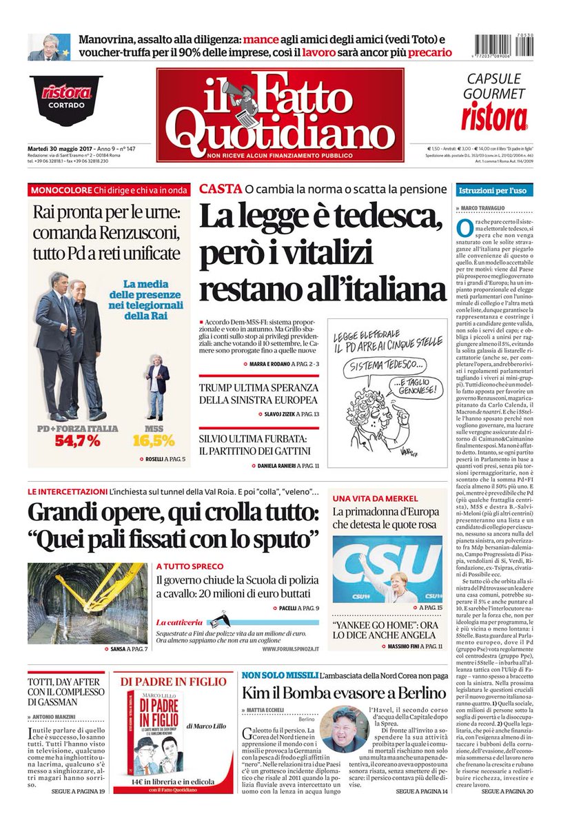 PRIMA PAGINA DI OGGI La legge è tedesca, però i vitalizi restano all'italiana #30maggio #FattoQuotidiano Continua su ilfattoquotidiano.it/premium/