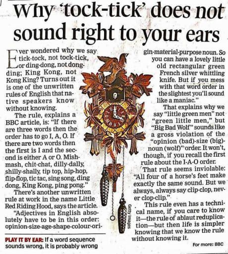 "Why 'tock-tick' does not sound right to your ears" #BBC #learnenglish #linguistics #lmu #ablautreduplication