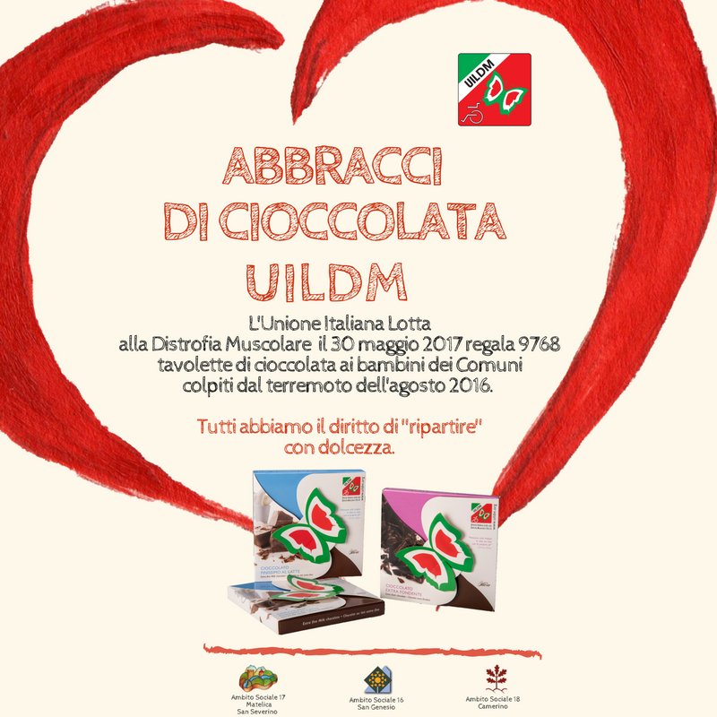 UILDMnazionale's tweet photo. Gli abbracci di cioccolata UILDM saranno scambiati presso il Centro Culturale Benedetto 13°,via Le Mosse, 65 Camerino.Ripartire #condolcezza https://t.co/iw4qfRYH12