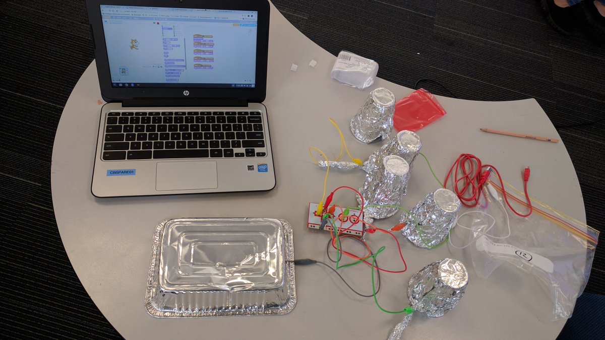 anthsperanza's tweet photo. Ss in 3/4 were introduced to Makey Makey kit from  @cserAdelaide - BBQ foil tray + foil wrapped over plastic cups made for a sweet drum kit. https://t.co/ARetI86VZe